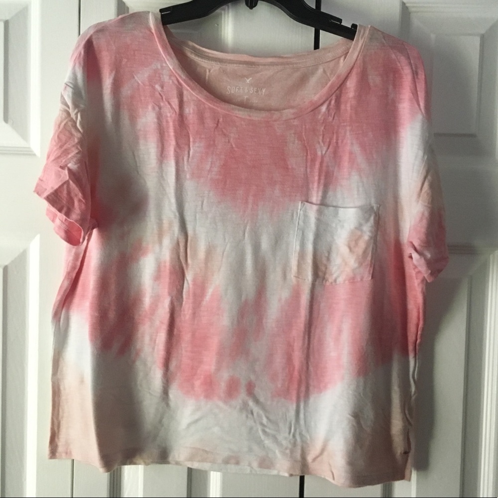 AMERICAN EAGLE Pink Tie Dye Cropped Scoop Neck